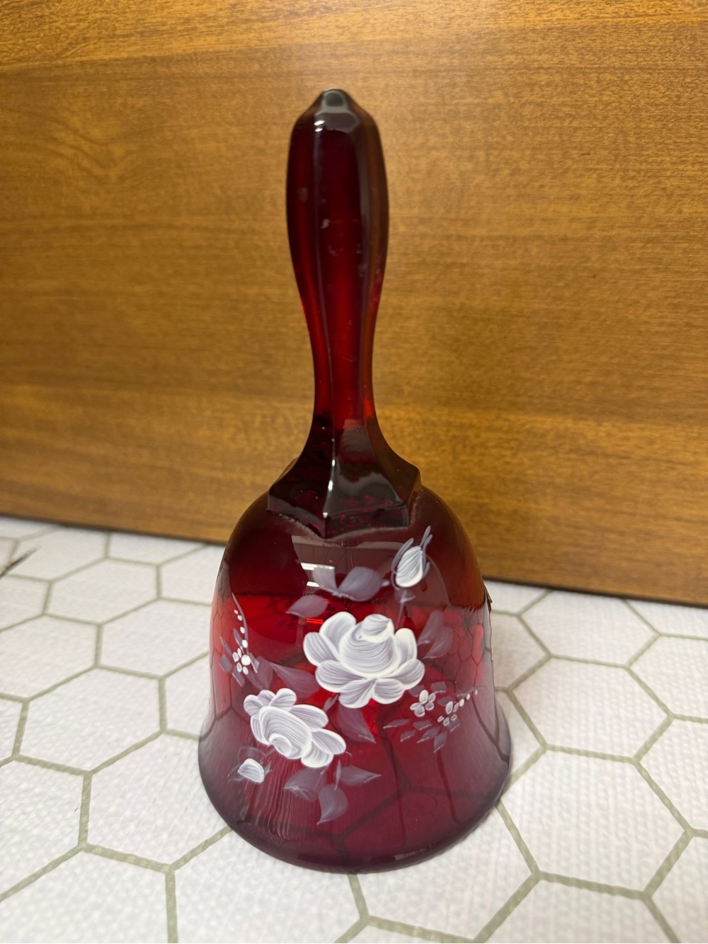 Fenton Hand-Painted Ruby Red Glass Bell with White Floral Motif